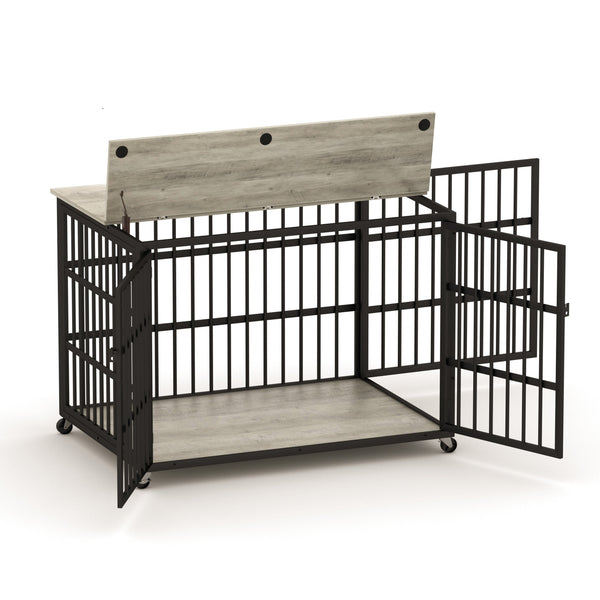 English Elm Furniture style dog crate with sturdy steel frame, particle board top for 150lb storage, fits dogs up to 70lb Grey W1162119832