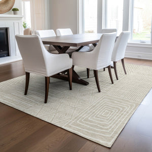 Homeroots 3' Beige And Ivory Geometric Washable Area Rug - Versatile Indoor Outdoor Design For Any Space 9' X 12' Polyester 596900