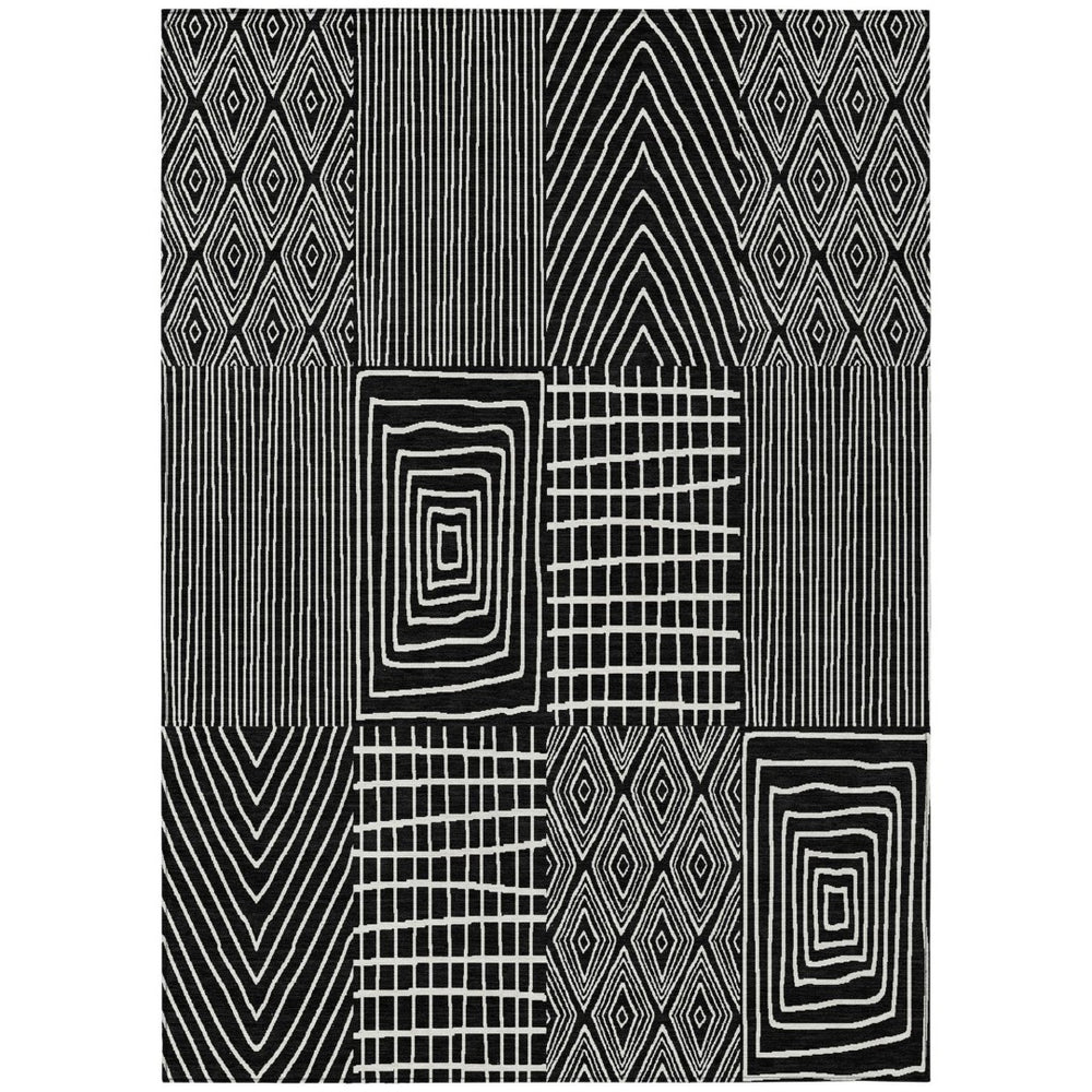 HomeRoots 5' Stylish Black and Ivory Geometric Washable Area Rug for Indoor and Outdoor Spaces, Durable Design 5' X 8' 596903