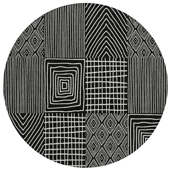 HomeRoots 5' Stylish Black and Ivory Geometric Washable Area Rug for Indoor and Outdoor Spaces, Durable Design 8' Round 596904