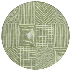 HomeRoots 5' Green and Ivory Geometric Area Rug – Durable, Washable Design for Indoor and Outdoor Spaces 8' Round 596922