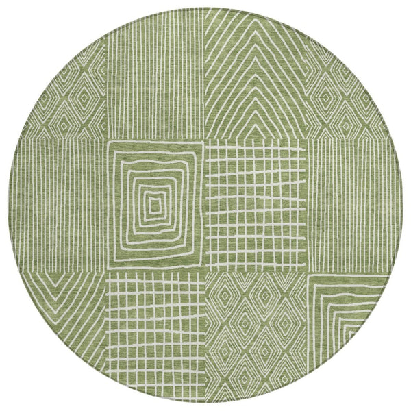 HomeRoots 5' Green and Ivory Geometric Area Rug – Durable, Washable Design for Indoor and Outdoor Spaces 8' Round 596922