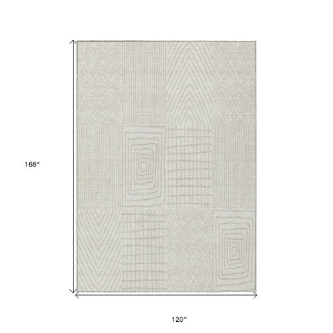 Homeroots 3' Beige And Ivory Geometric Washable Area Rug - Versatile Indoor Outdoor Design For Any Space 10' X 14' Polyester 596943