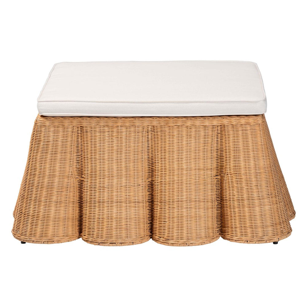 English Elm Scallop Handwoven Rattan Square Ottoman Sculptural Wicker Footrest for Bohemian Living Rooms B2750P467862