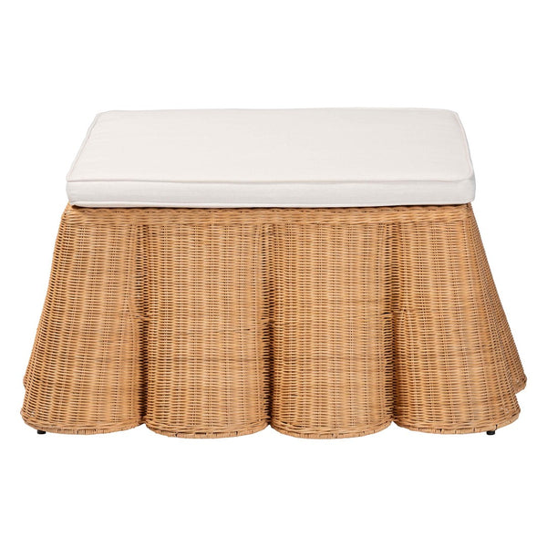 English Elm Scallop Handwoven Rattan Square Ottoman Sculptural Wicker Footrest for Bohemian Living Rooms B2750P467862