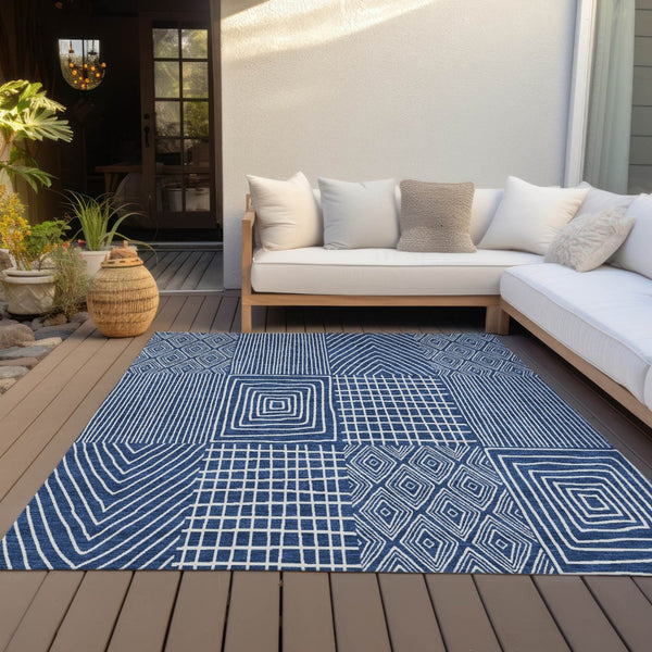 HomeRoots 5' Navy Blue and Ivory Geometric Washable Area Rug for Indoor and Outdoor Spaces - Easy Care! 5' X 8' 596951