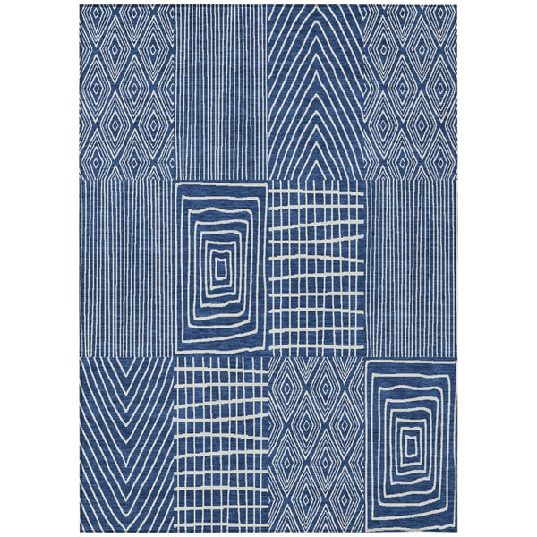 HomeRoots 5' Navy Blue and Ivory Geometric Washable Area Rug for Indoor and Outdoor Spaces - Easy Care! 5' X 8' 596951