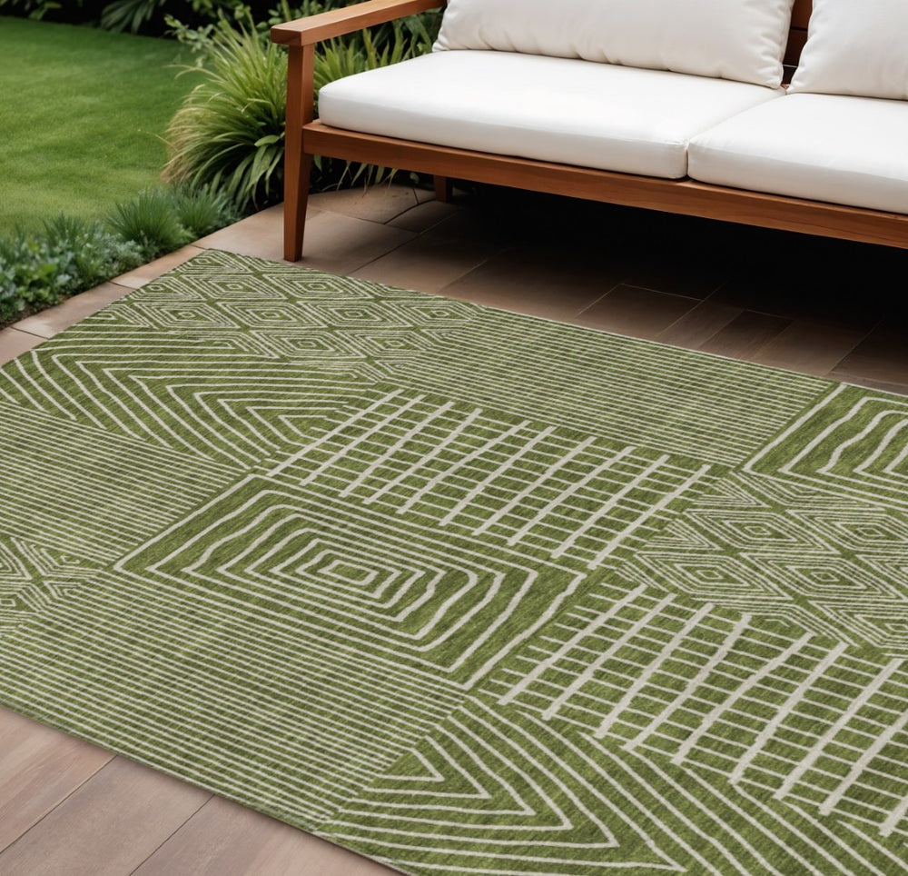HomeRoots 9' X 12' Olive Green & Beige Geometric Area Rug – Durable, Washable, Stylish for Indoor & Outdoor Use 596960