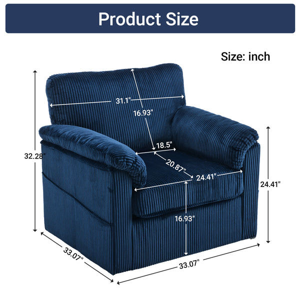 English Elm 33 Inch Oversized Swivel Corduroy Lounge Chair with Plush Chenille Cushioning and Support Springs Blue W1829P265013
