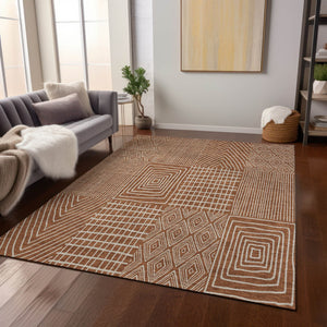 Homeroots 3' Beige And Ivory Geometric Washable Area Rug - Versatile Indoor Outdoor Design For Any Space 9' X 12' Polyester 596966