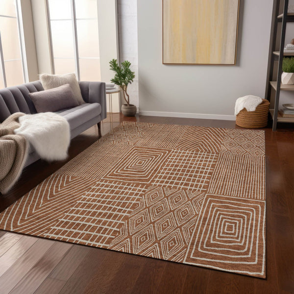 Homeroots 3' Beige And Ivory Geometric Washable Area Rug - Versatile Indoor Outdoor Design For Any Space 9' X 12' Polyester 596966