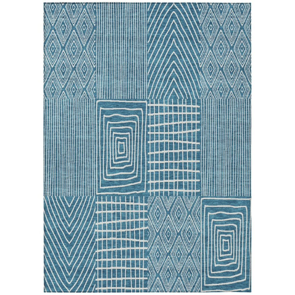 HomeRoots 5' Teal Blue and Ivory Geometric Indoor-Outdoor Area Rug for Modern Spaces – Stain-Resistant Design 5' X 8' 596975
