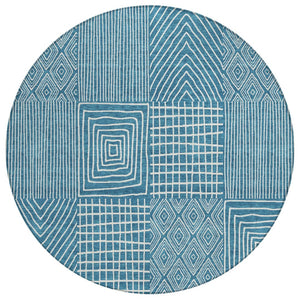 HomeRoots 5' Teal Blue and Ivory Geometric Indoor-Outdoor Area Rug for Modern Spaces – Stain-Resistant Design 8' Round 596976