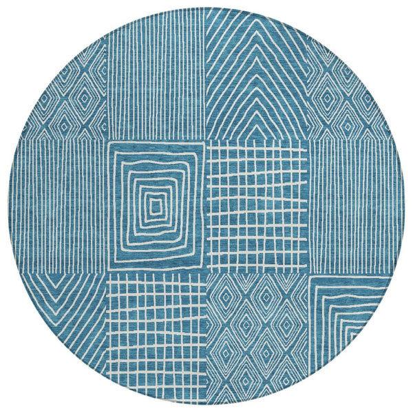 HomeRoots 5' Teal Blue and Ivory Geometric Indoor-Outdoor Area Rug for Modern Spaces – Stain-Resistant Design 8' Round 596976
