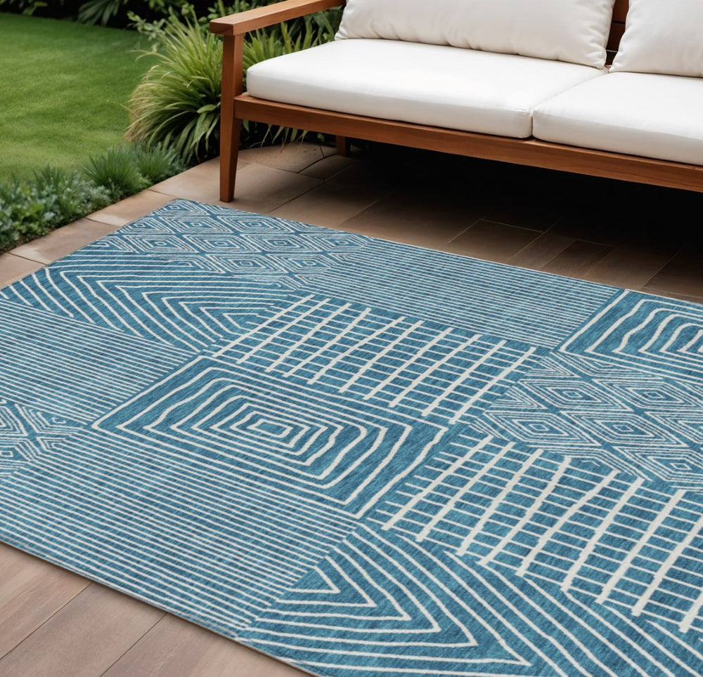 HomeRoots 9' X 12' Teal Blue Geometric Indoor Outdoor Area Rug - Durable, Washable, Stylish for Any Space 596978