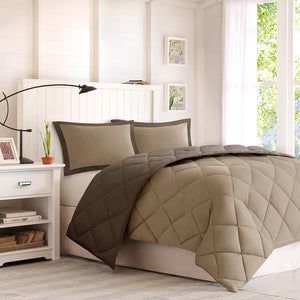 JLA Home Madison Park Essentials - 3M Plush Reversible Diamond Quilted Comforter Set with Scotchgard, Antimicrobial Odor Control, Hypoallergenic Brown/Sand BASI10-0196
