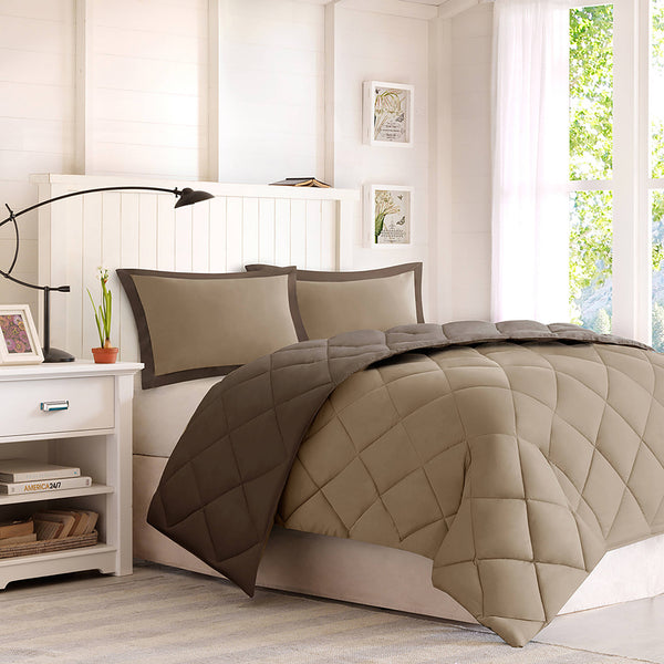 JLA Home Madison Park Essentials - 3M Plush Reversible Diamond Quilted Comforter Set with Scotchgard, Antimicrobial Odor Control, Hypoallergenic Brown/Sand BASI10-0196
