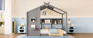 English Elm Twin House Floor Bed for Kids Montessori Playhouse with Roof, Built-In Shelf, Sturdy Pine Frame, Safeologna Gray 78.6 L x 16.6 W x 6.85 H N733P335064E