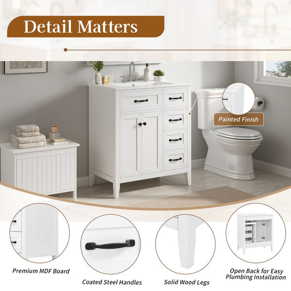 English Elm [video] 30 Inch Freestanding Bathroom Vanity White Mdf Pine Legs Ceramic Sink Soft Close N759P394442K