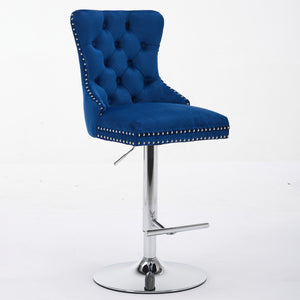 English Elm Thick Velvet Swivel Barstools with 17.7" Chrome Base, Tufted Diamond Pleating, Comfort Foam Seats Blue W1143P335044