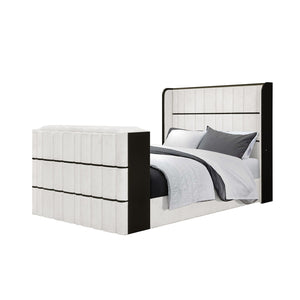 English Elm Isaiah Luxury Bed with 50" TV Lift, Built‑In Speakers, LED Lighting and Fireplace in White/Black Queen B201S00411