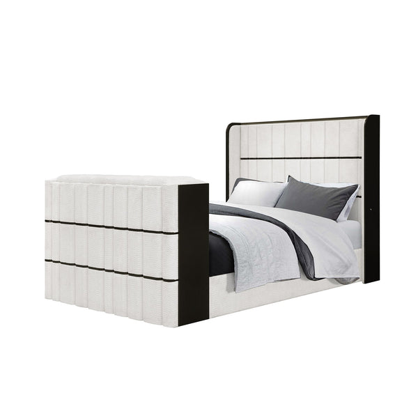 English Elm Isaiah Luxury Bed with 50" TV Lift, Built‑In Speakers, LED Lighting and Fireplace in White/Black Queen B201S00411