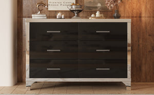 English Elm Elegant High Gloss Dresser with Metal Handles and Mirrored Panels, 6-Drawer Space-Saving Storage Solution Black 55.71 L x 19.29 W x 10.63 H N733P205355B