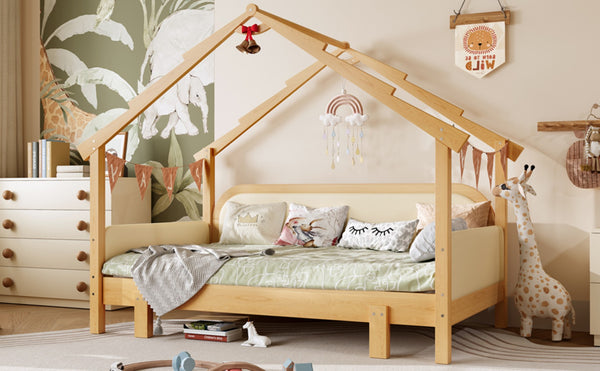 English Elm Twin Pine Treehouse Floor Bed with Padded Rails and Cabin Roofline for Kids White W1580S00383