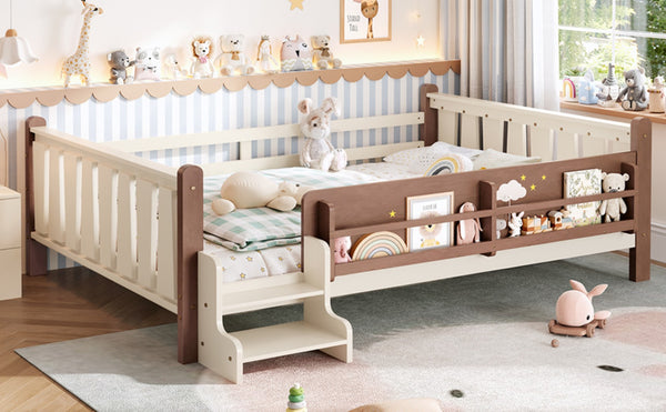 English Elm Queen Bunk Bed with Trundle Solid Pine Kids Car Themed Frame Built-in Bookshelf Beige+Natural W1580S00536