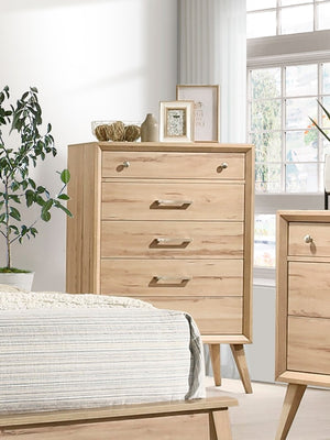 English Elm Mid-Century Natural Oak 5-Drawer Chest with Brushed Nickel Hardware, Slim Legs, Timeless Bedroom Style B011P224818