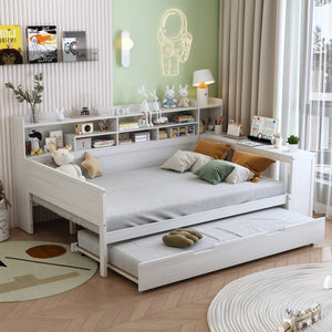 English Elm Wooden Full Size Daybed with Trundle and Built-In Desk, Side Storage Shelves for Space-Saving Rooms Antique White 70 L x 18.6 W x 5.5 H N733S242277K