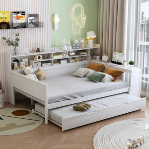 English Elm Wooden Twin Daybed with Trundle Built-in Desk and Open Shelves for Kids Rooms Antique White N733S373391K