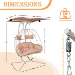 English Elm 2-person Wicker Egg Hanging Chair with Canopy Steel Stand Outdoor Patio Swing T5880P502246