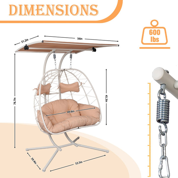 English Elm 2-person Wicker Egg Hanging Chair with Canopy Steel Stand Outdoor Patio Swing T5880P502246