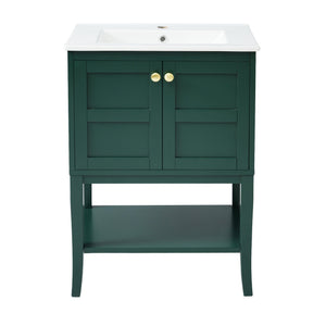 English Elm 24'' Retro Green Bathroom Vanity with Glossy Resin Basin, Solid Wood Feet, Soft-Close Doors, Ample Storage, Metal Handles (Modern) WF324870AAF