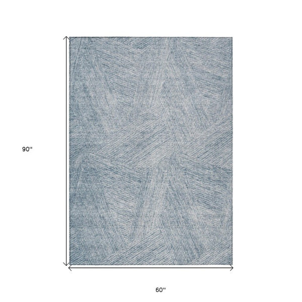 Abstract Washable Polyester Area Rug for Indoor Outdoor Living Spaces Coastal Style Denim Ivory