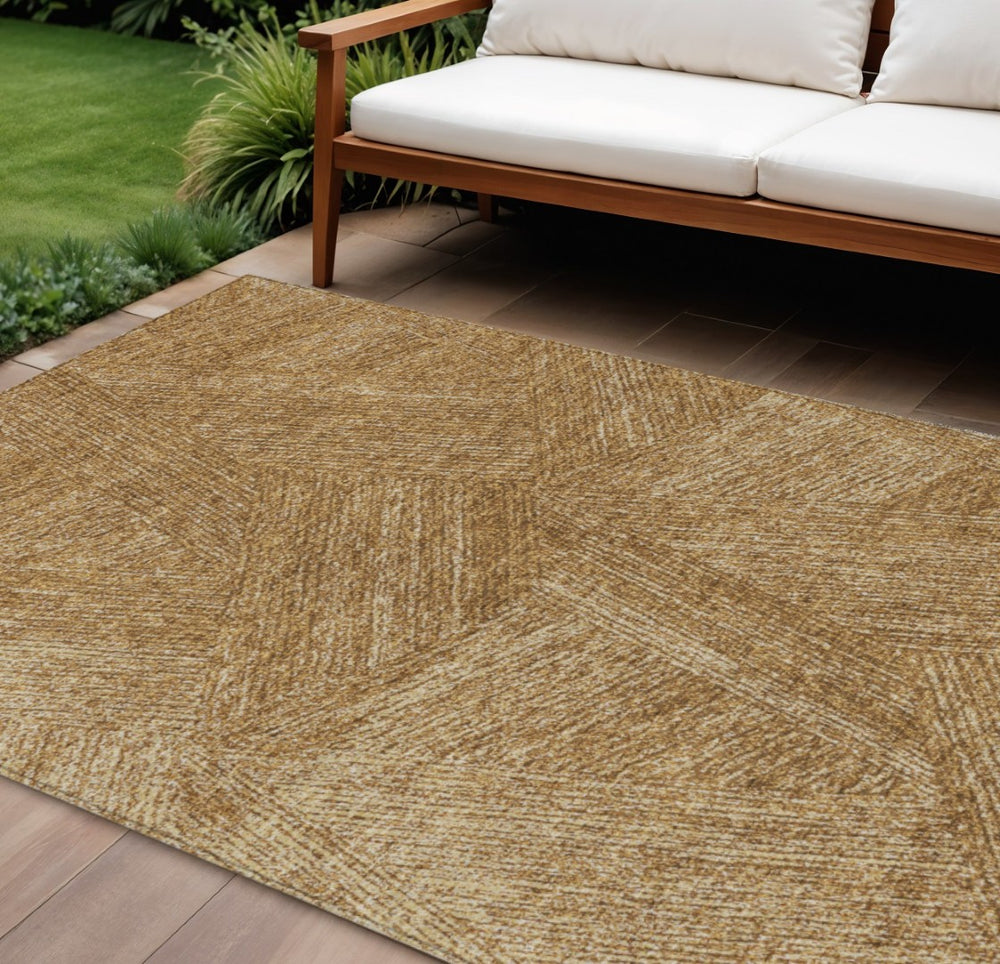 HomeRoots 9' X 12' Washable Indoor Outdoor Area Rug - Modern Abstract Design in Gold, Brown, Ivory Tones 597020