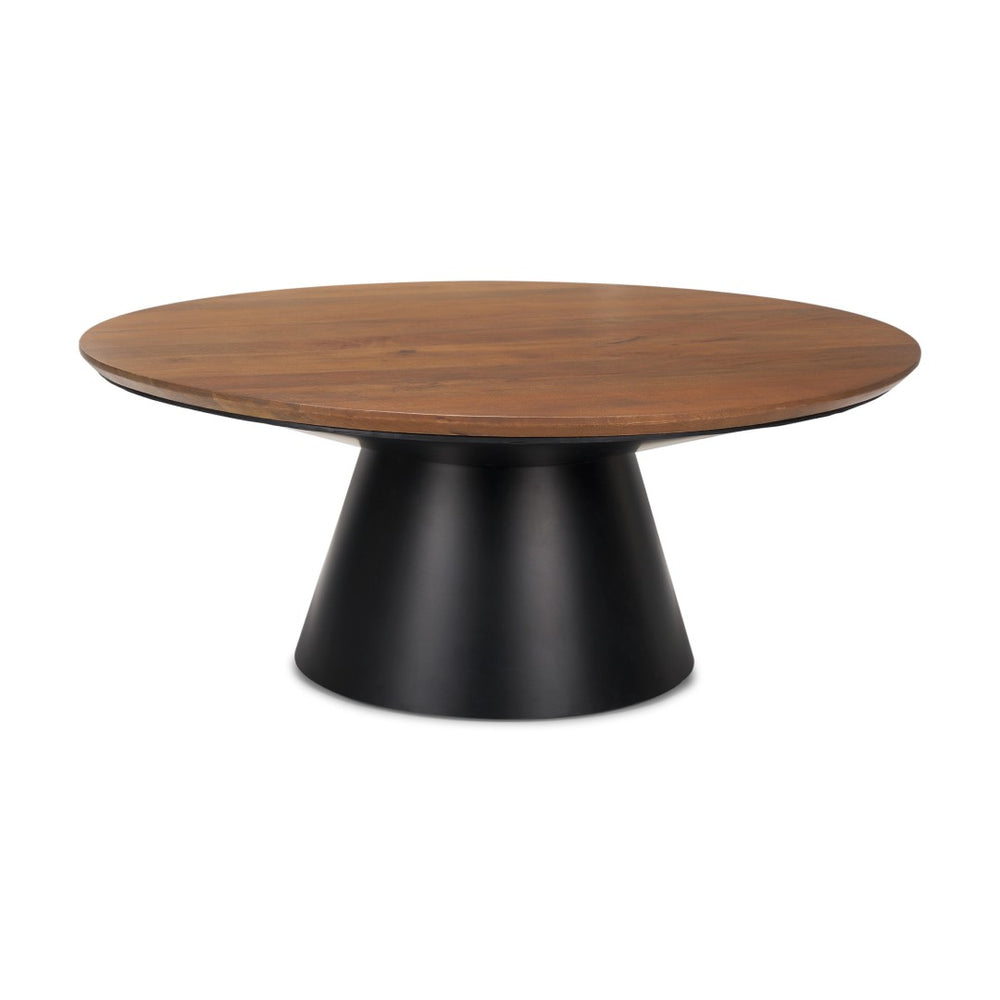HomeRoots 40" Round Pedestal Coffee Table in Walnut-Brown Wood & Black Iron Base - Modern, Versatile Design 597053