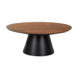 HomeRoots 40" Round Pedestal Coffee Table in Walnut-Brown Wood & Black Iron Base - Modern, Versatile Design 597053