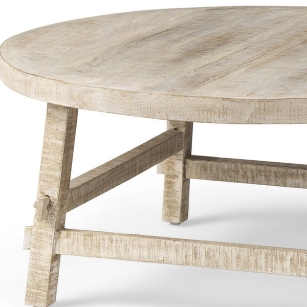 Homeroots 36" White And Natural Solid Wood Round Coffee Table - Rustic Distressed Design For Stylish Homes   597054
