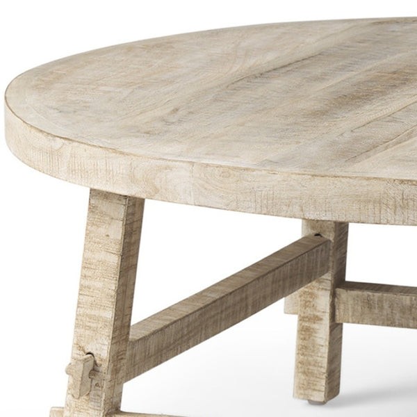 Homeroots 36" White And Natural Solid Wood Round Coffee Table - Rustic Distressed Design For Stylish Homes   597054