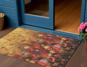 Homeroots 3' Captivating Gold Red And Brown Floral Washable Area Rug For Indoor And Outdoor Spaces 3' X 5' Polyester 597056
