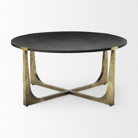 Homeroots 34" Antiqued Gold Round Coffee Table – Solid Wood & Iron, Distressed Vintage Chic Design For Any Space   597057
