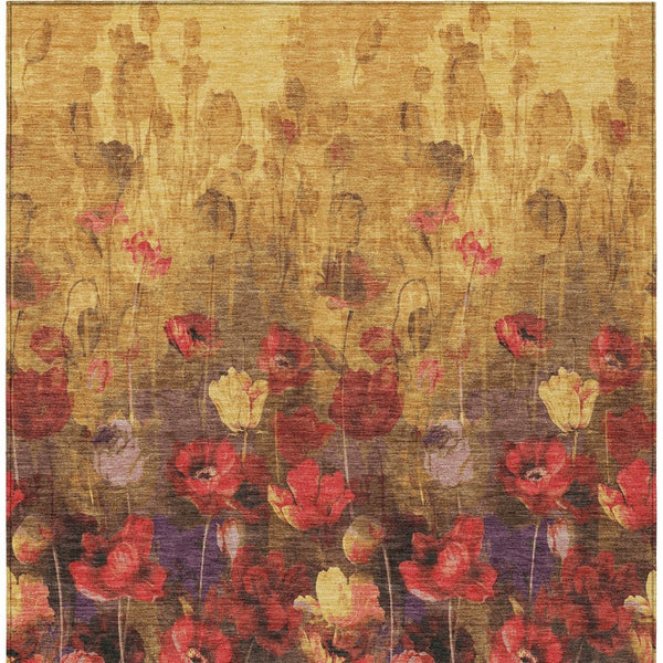 Homeroots 3' Captivating Gold Red And Brown Floral Washable Area Rug For Indoor And Outdoor Spaces 5' X 8' Polyester 597058