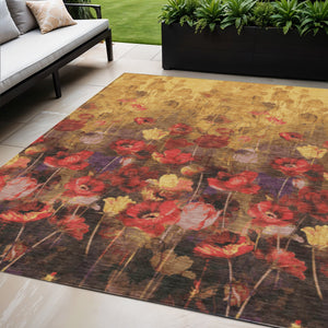 Homeroots 3' Captivating Gold Red And Brown Floral Washable Area Rug For Indoor And Outdoor Spaces 5' X 8' Polyester 597058