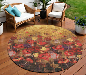 Homeroots 3' Captivating Gold Red And Brown Floral Washable Area Rug For Indoor And Outdoor Spaces 8' Round Polyester 597059