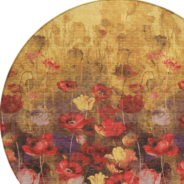 Homeroots 3' Captivating Gold Red And Brown Floral Washable Area Rug For Indoor And Outdoor Spaces 8' Round Polyester 597059