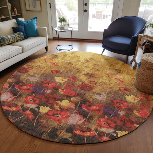 Homeroots 3' Captivating Gold Red And Brown Floral Washable Area Rug For Indoor And Outdoor Spaces 8' Round Polyester 597059