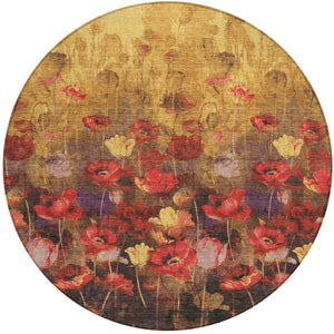 Homeroots 3' Captivating Gold Red And Brown Floral Washable Area Rug For Indoor And Outdoor Spaces 8' Round Polyester 597059