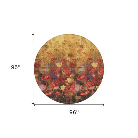 Homeroots 3' Captivating Gold Red And Brown Floral Washable Area Rug For Indoor And Outdoor Spaces 8' Round Polyester 597059
